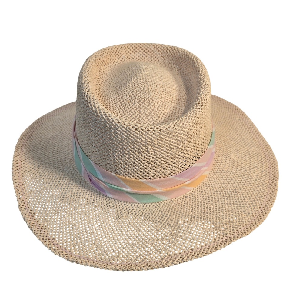 Woven Straw Sun Hat with Pastel Striped Ribbon Band Wide Brim Fedora Style - Picture 5 of 16